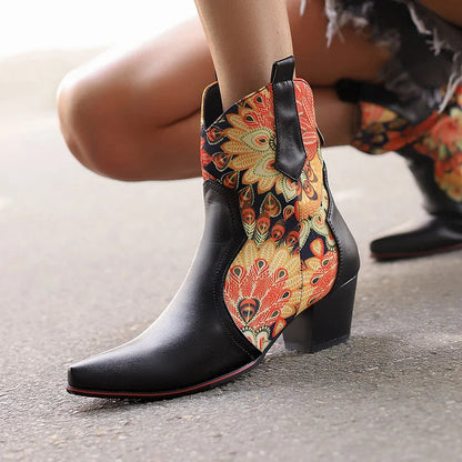 Floral Print Patchwork Chunky Heel Pointed Toe Ankle Boots