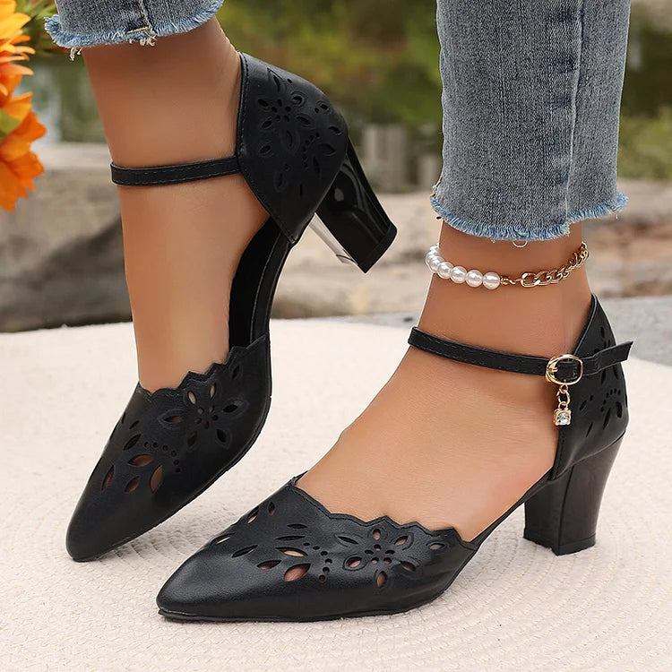 Openwork Design Pointed Toe Ankle Strap Buckle Chunky Heels