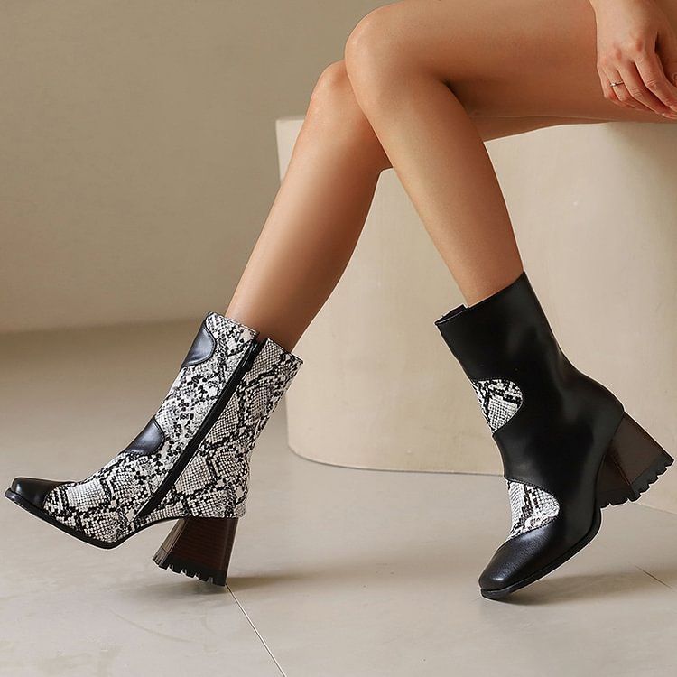 Snake Print Patchwork Square Toe Chunky Heel Mid Calf Boots