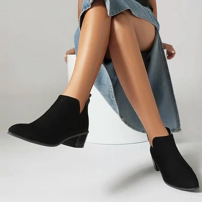 Faux Leather Side V Cut Pointy Toe Pull On Ankle Boots