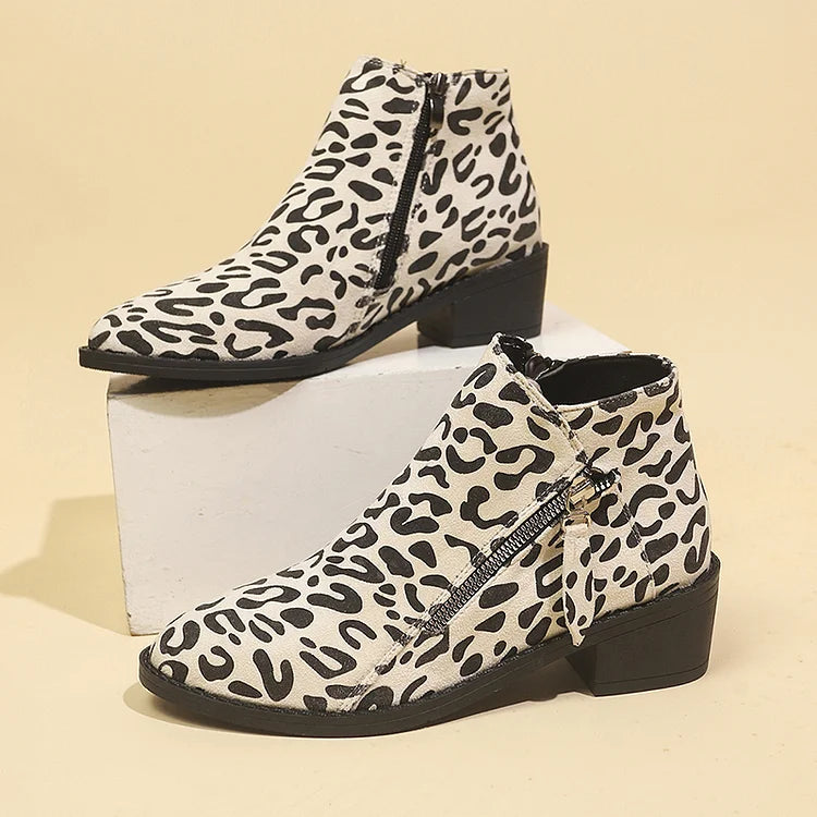 Leopard Print Zipper Pointed Toe Chunky Heel Ankle Boots