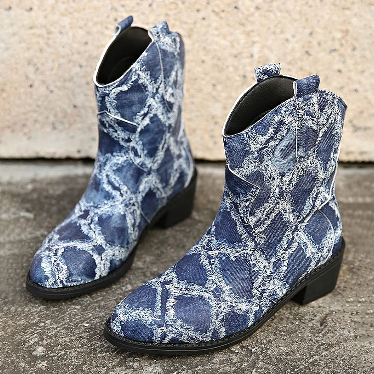 Raw Trim Print Patchwork Round Toe Chunky Heel Mid Boots