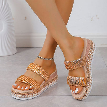 Textured Pleated Design Round Toe Plain Instep Straps Platform Slippers