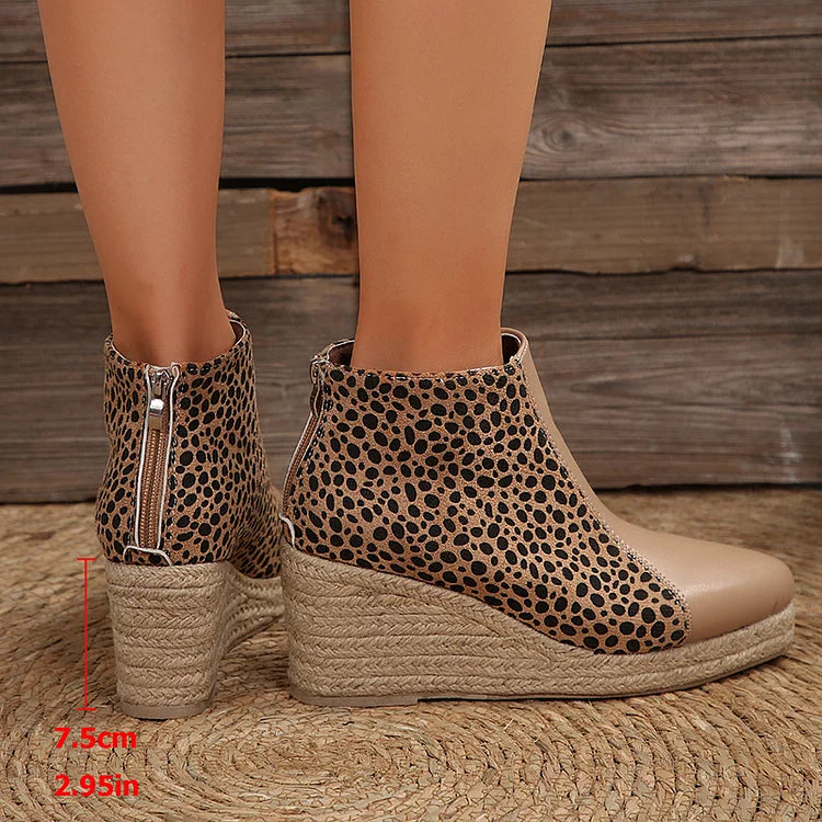 Leopard Print Patchwork Quilted Pointy Toe Wedge Espadrille Ankle Boots