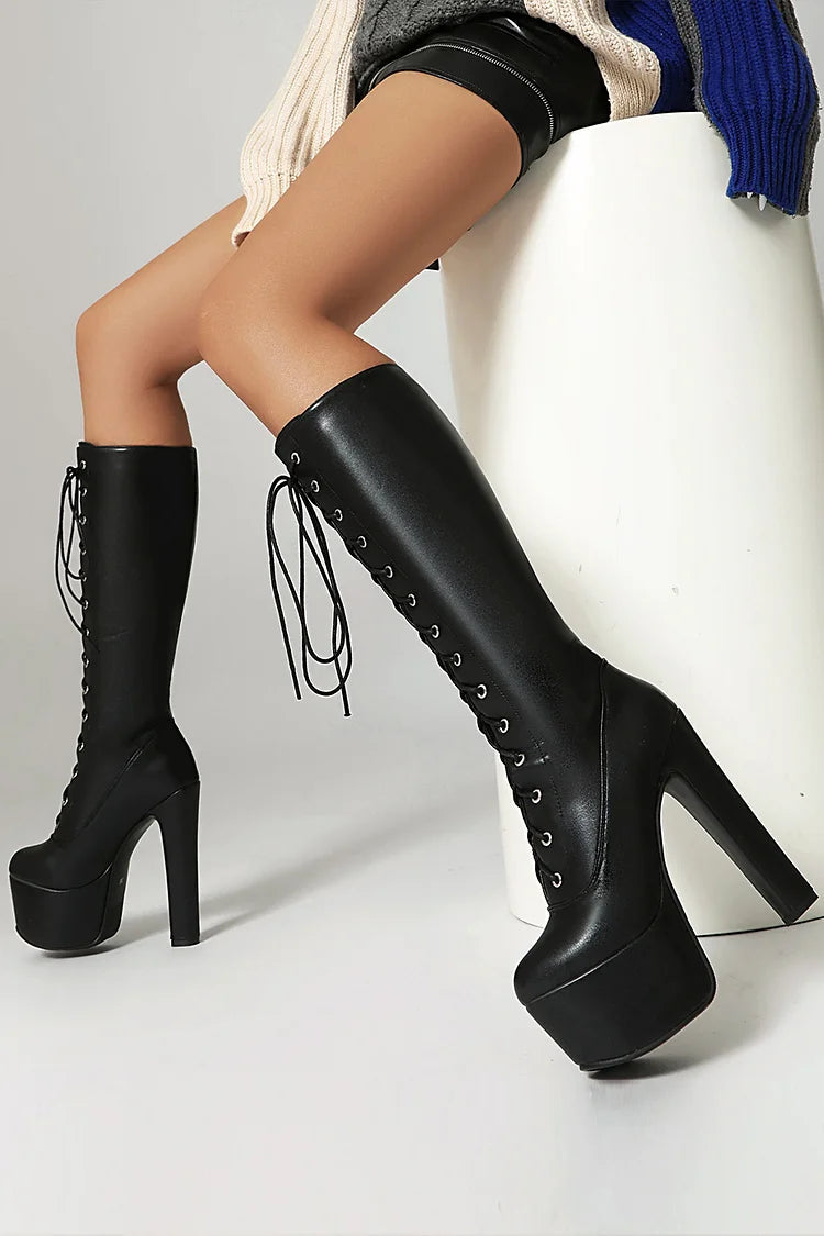 Round Toe Solid Color Lace Up Chunky Heel Platform Knee High Boots