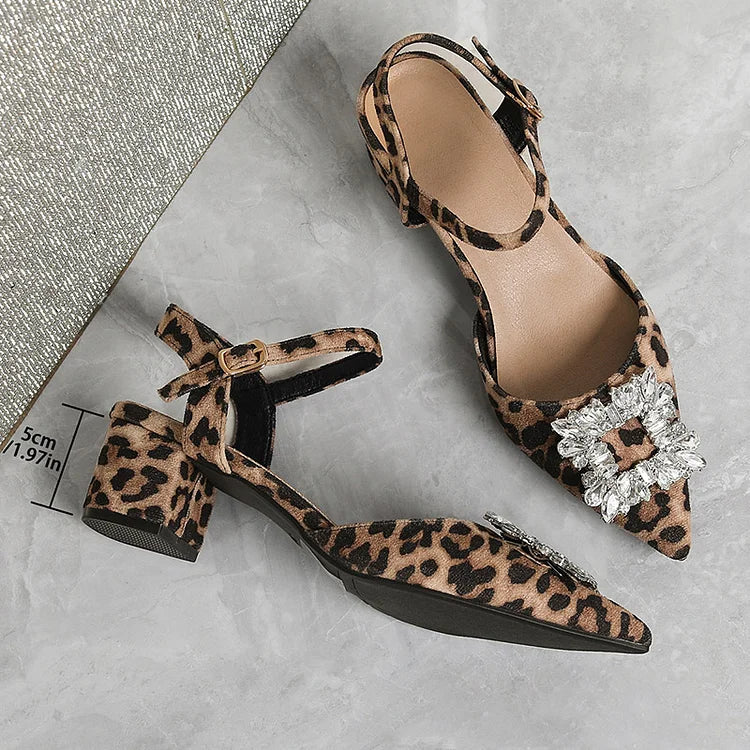 Leopard Print Rhinestone Decor Pointy Toe Ankle Strap Chunky Heels