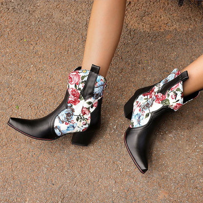 Floral Print Patchwork Chunky Heel Pointed Toe Ankle Boots