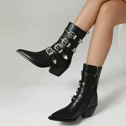 Multicolor Straps Buckles Pointed Toe Chunky Heel Mid Calf Boots