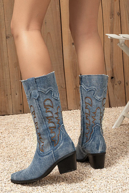 Patchwork Pointed Toe Zipper Embroidery Chunky Heel Denim Mid Calf Boots