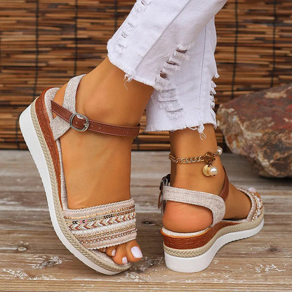 Woven Pattern Pearl Rhinestone Ankle Strap Buckle Peep Toe Wedge Sandals