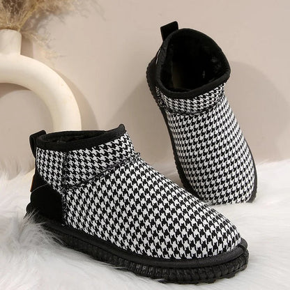 Houndstooth Pattern Patchwork Round Toe Snow Boots