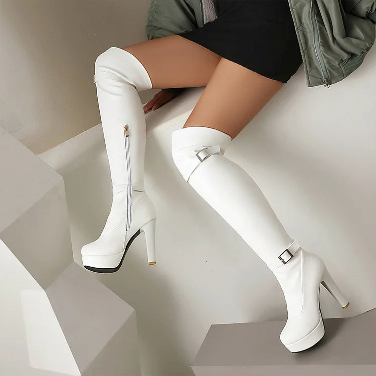 Two Strap Buckle Decor Zipper Round Toe Chunky Heel Over The Knee Boots