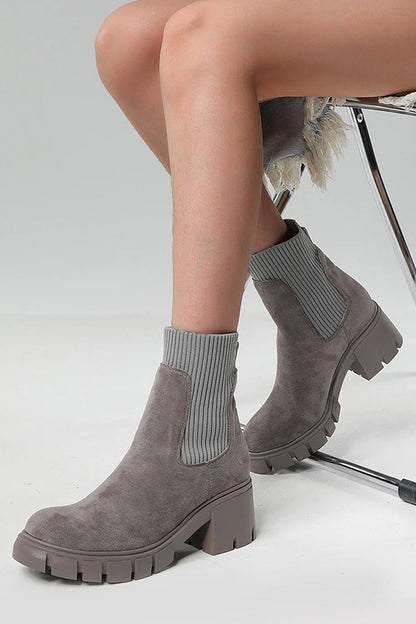 Round Toe Patchwork Casual Chunky Heel Pull On Ankle Boots