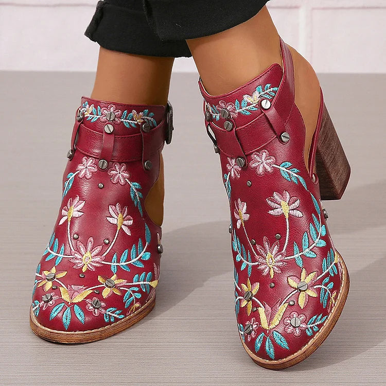 Floral Leaf Embroidery Round Toe Slingback Chunky Heels