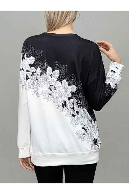 Elegant Floral Print Round Neck Cotton-blend Vacation Sweatshirt