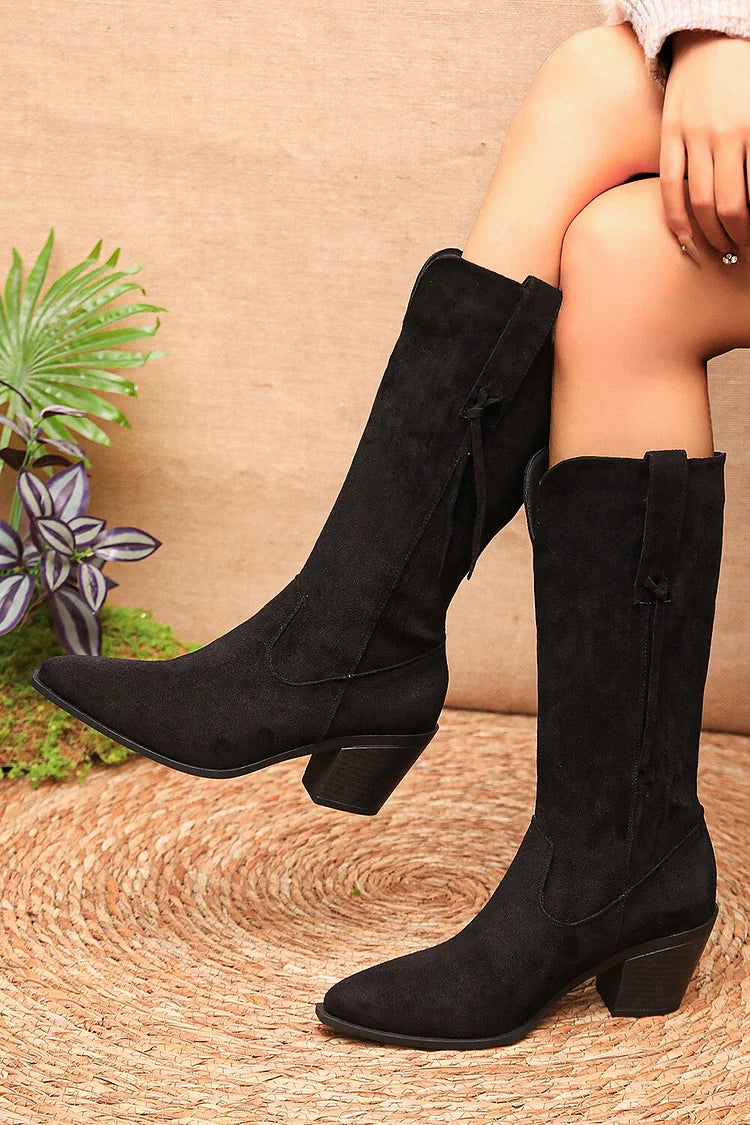 Fringed Trim Patchwork V Cut Pointed Toe Chunky Heel Mid Calf Boots