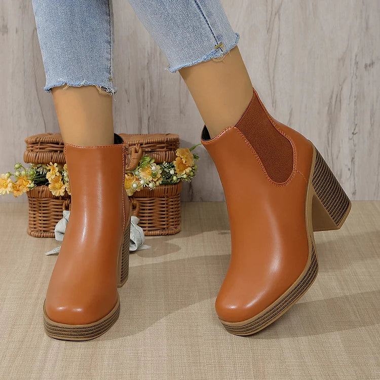 Zipper Patchwork Round Toe Chunky Heel Ankle Boots