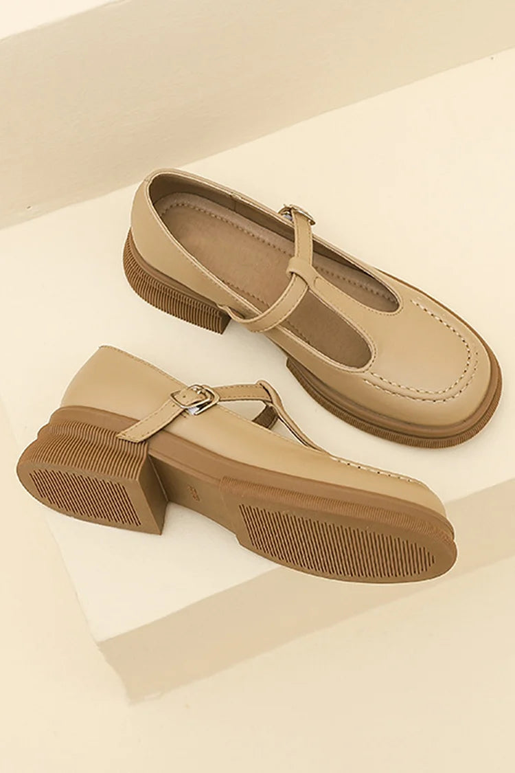 T-Strap Buckle Round Toe Stitch Detail Casual Loafers