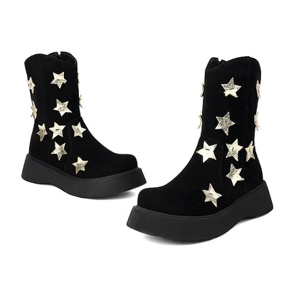 Star Shaped Patchwork Zipper Round Toe Low Platform Ankle Boots