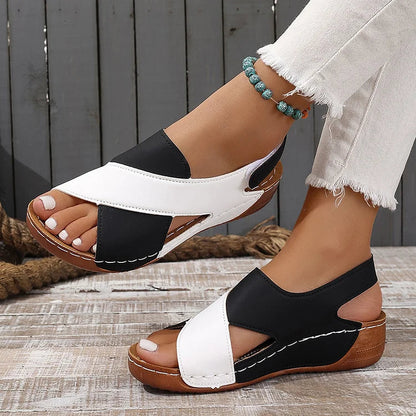 Color Block Cut Out Seam Platform Slingback Strap Magic Stick Closure Sandals