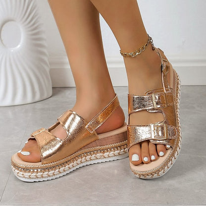 Metallic Sheen Slingback Strap Studded Buckles Platform Sandals