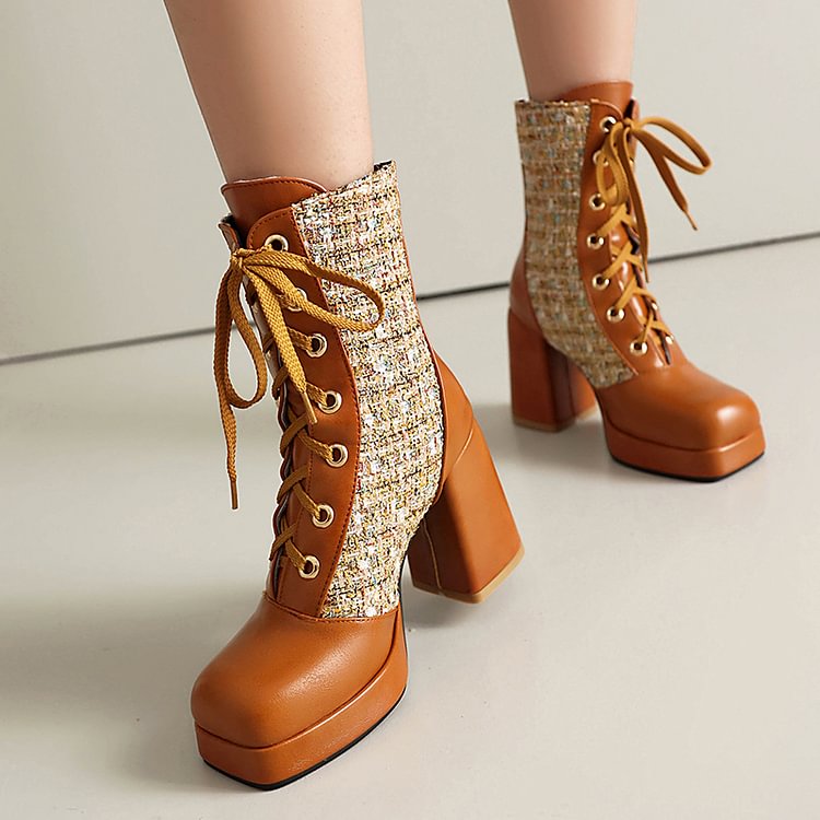 Patchwork Square Toe Chunky Heel Lace Up Mid Calf Boots