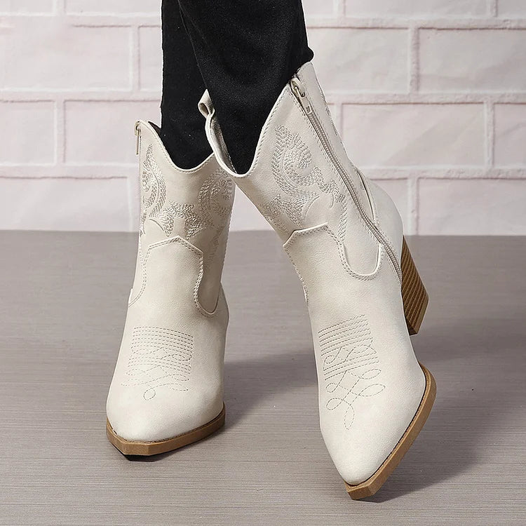 Embroidery Pointed Toe Stitch Detail Patchwork Chunky Heel Ankle Boots