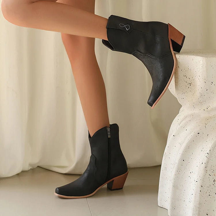 Patchwork Pointed Toe Chunky Heel Zipper Western Boots