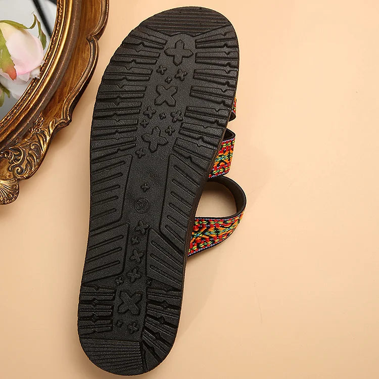 Retro Ethnic Pattern Cross Strap Round Toe Slippers