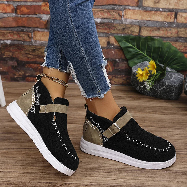 Colorblock Stitch Detail Patchwork Strap Buckle Round Toe Snow Boots