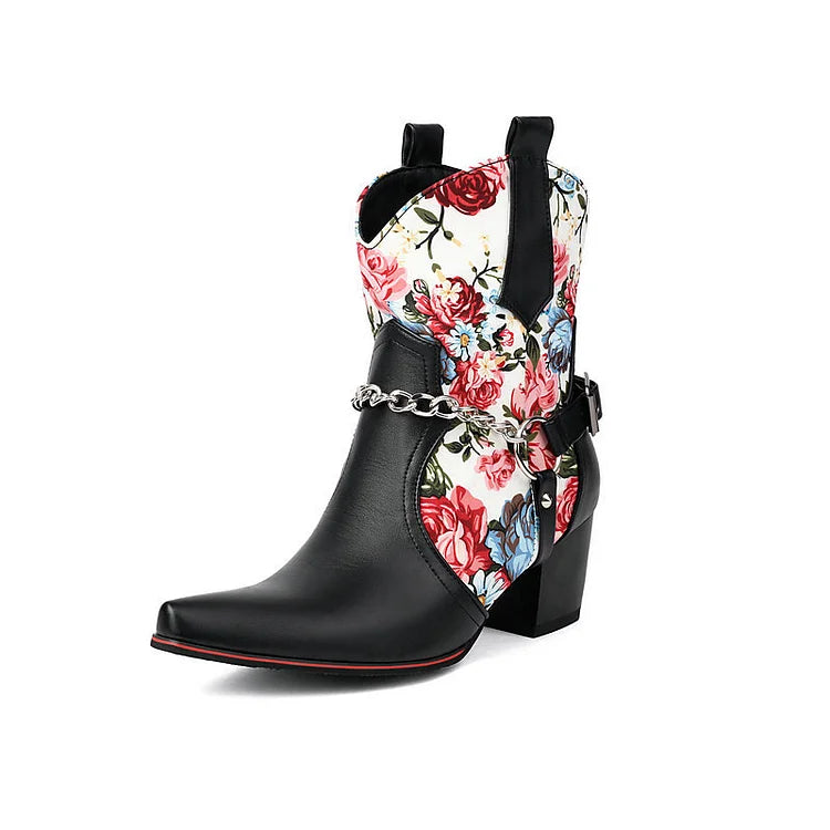 Floral Print Patchwork Chain Decor Pointed Toe Chunky Heel Ankle Boots