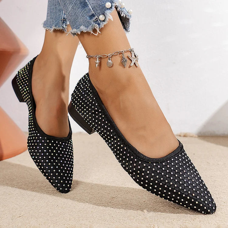 Rhinestone Decor Fishnet Patchwork Pointed Toe Flats