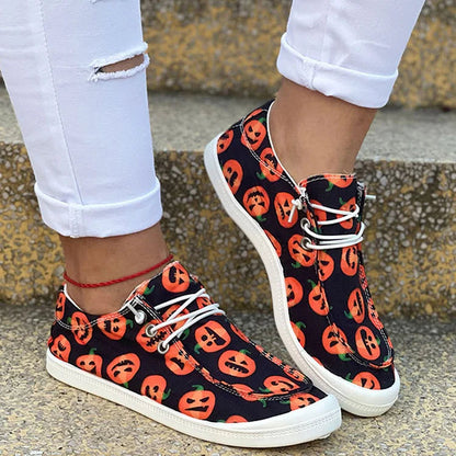 Halloween Horror Skeleton Pumpkin Pattern Print Lace Up Casual Shoes