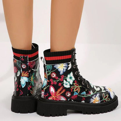 Multicolor Floral Print Patchwork Round Toe Chunky Heel Lace Up Ankle Boots