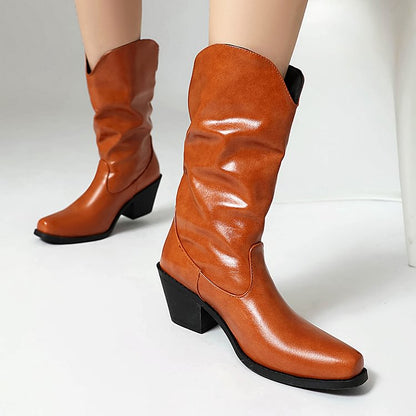 Metal Chain Decor Patchwork Square Toe Chunky Heel Mid Calf Boots