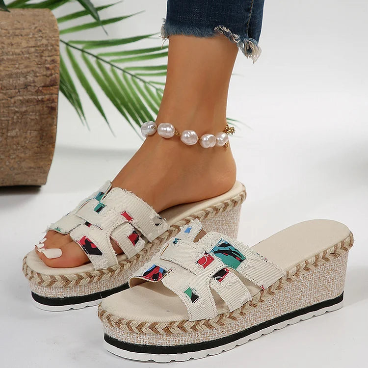 Patchwork Print Hollowed Peep Toe Denim Frayed Wedge Slippers