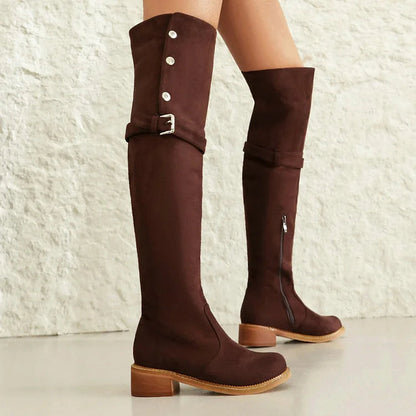 Metal Button Strap Buckle Decor Round Toe Over The Knee Boots