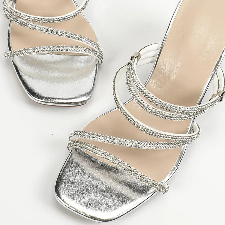 Rhinestone Decor Strappy Square Toe Crystal Sandals Chunky Heels
