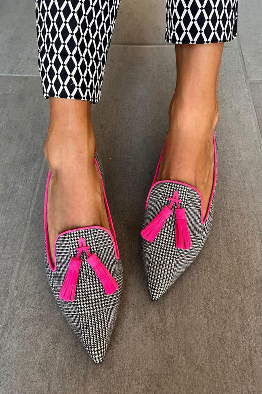 Faux Leather Colorblock Print Tassels Pointy Flats