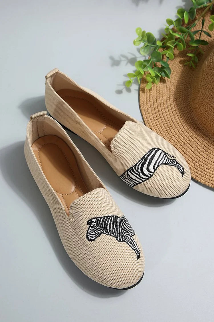 Zebra Pattern Knitted Round Toe Casual Slip On Flats