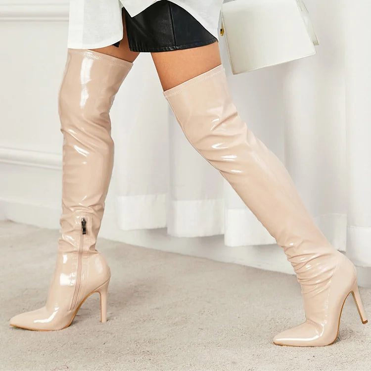 Pointed Toe Zipper Solid Color Stiletto Heel Over The Knee Boots