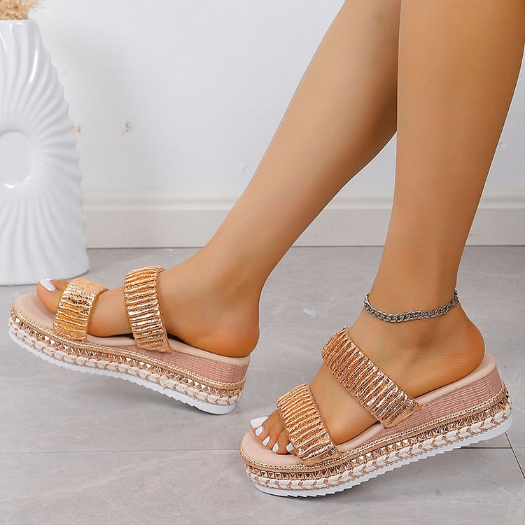 Textured Pleated Design Round Toe Plain Instep Straps Platform Slippers