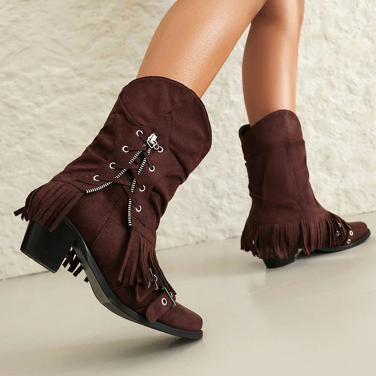 Fold Over Fringed Trim Zipper Pointed Toe Chunky Heel Western Boots