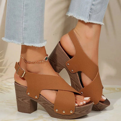 Studded Wood Grain Slingback Strap Buckle Platform Chunky Heels