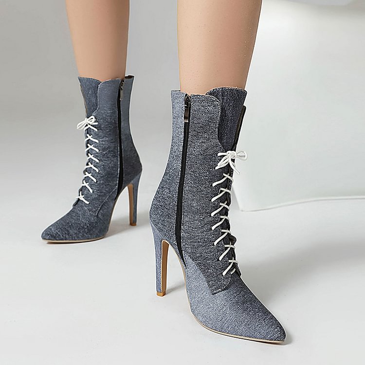 Denim Gradient Color Pointed Toe Stiletto Heel Lace Up Mid Calf Boots