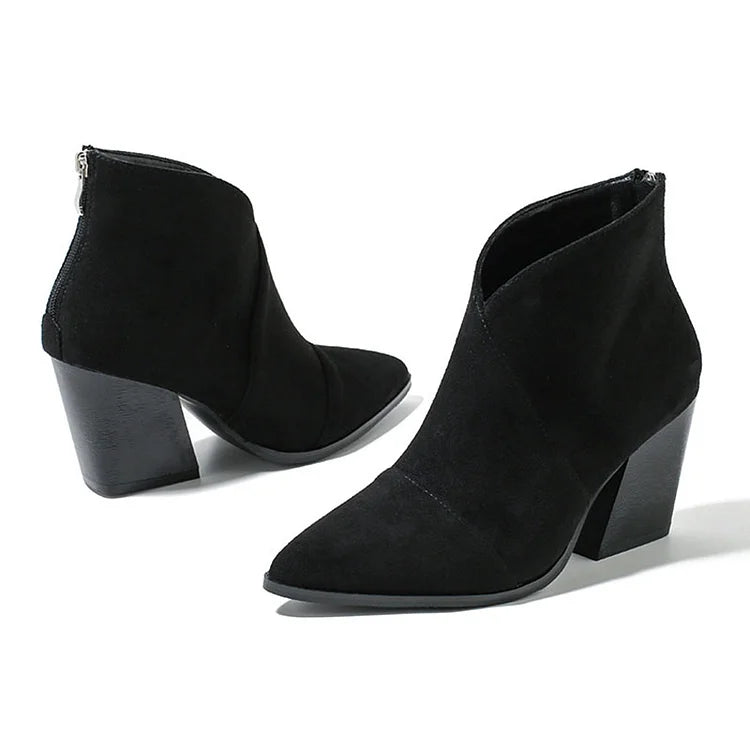 V Cut Pointed Toe Chunky Heels Plain Ankle Boots