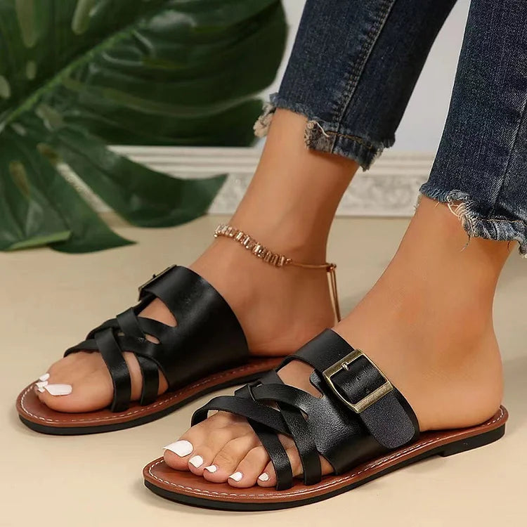 Casual Plain Quilted Cross Strappy Buckle Round Toe Slippers