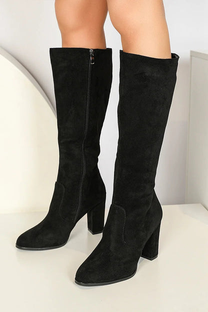 Solid Color Patchwork Pointed Toe Chunky Heel Zipper Knee High Boots