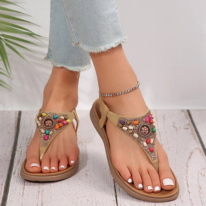 Boho Colourful Beads Rhinestone Flip Flops Elastic Band Sandals