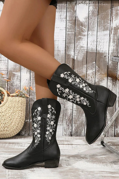 Floral Embroidery Patchwork Round Toe Mid Calf Boots